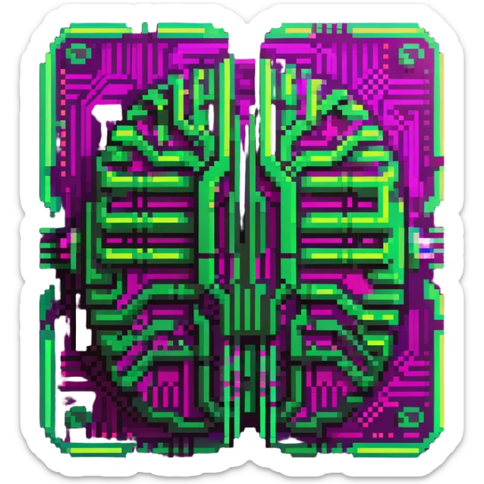 minimalist cartoon emoji of an AI brain chip, Matrix-inspired cyberpunk style, three neon green shades with magenta, clean crisp pixel lines, techy sticker look, stroke, futuristic digital feel sticker