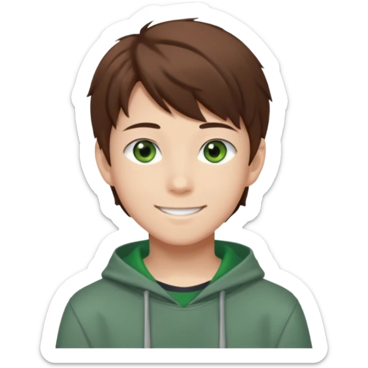 the face of an Anime asian style teen boy with brown hair, green eyes, looking smiling slightly sideways positioned. Face must be main filling of the emoji.  128px sticker