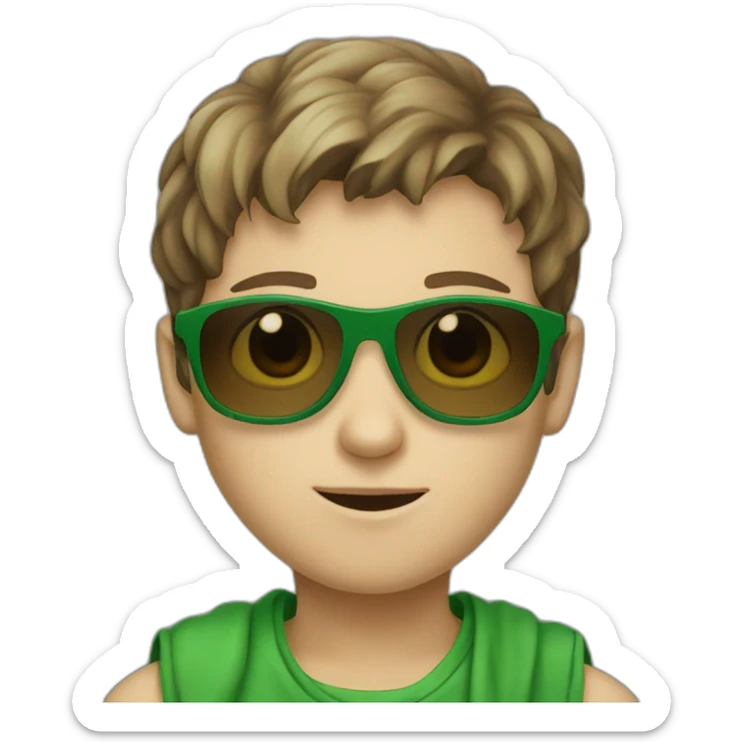 A young white boy with green cloth and green sunglasses with brown hair sticker