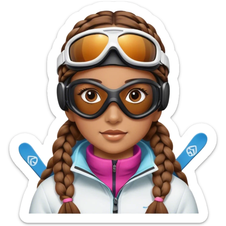 Girl with 2 braids, brown hair, skiing, wearing ski goggles, tan skin sticker