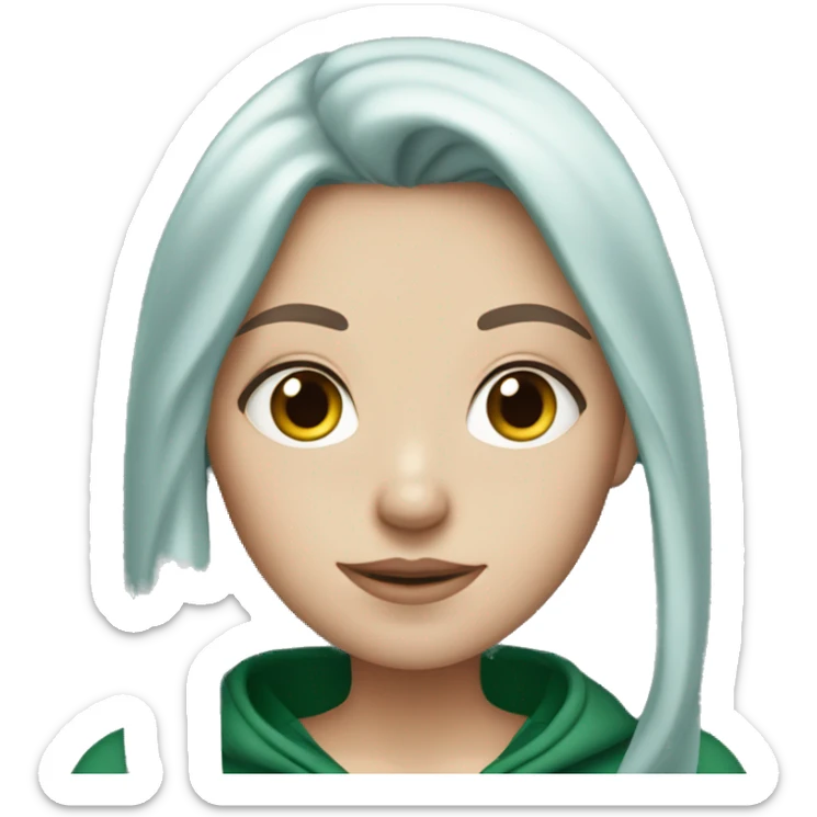 white girl with long dark blue hair wearing green hoodie sticker