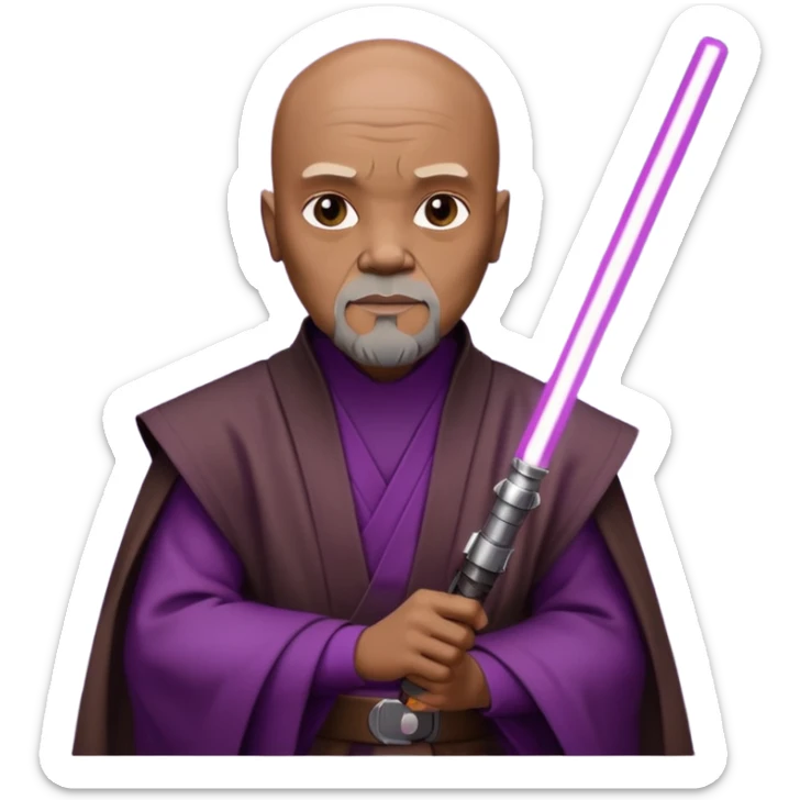 star wars master windu bald head, no facial hair, brown jedi outfit with purple lightsaber sticker