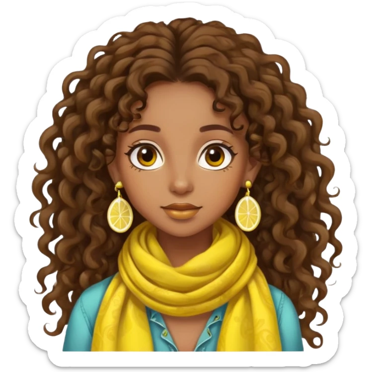 bohemian style girl, brown skin, long brown curly hair tied high, lemon yellow scarf, round earrings sticker