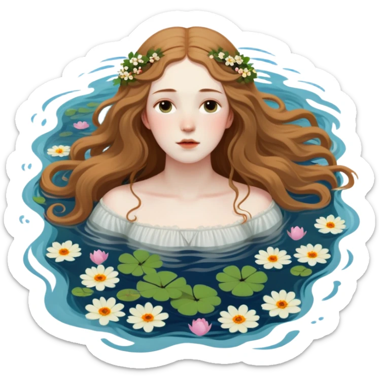 Ophelia floating in water surrounded by flowers, based on the famous painting by John Everett Millais sticker