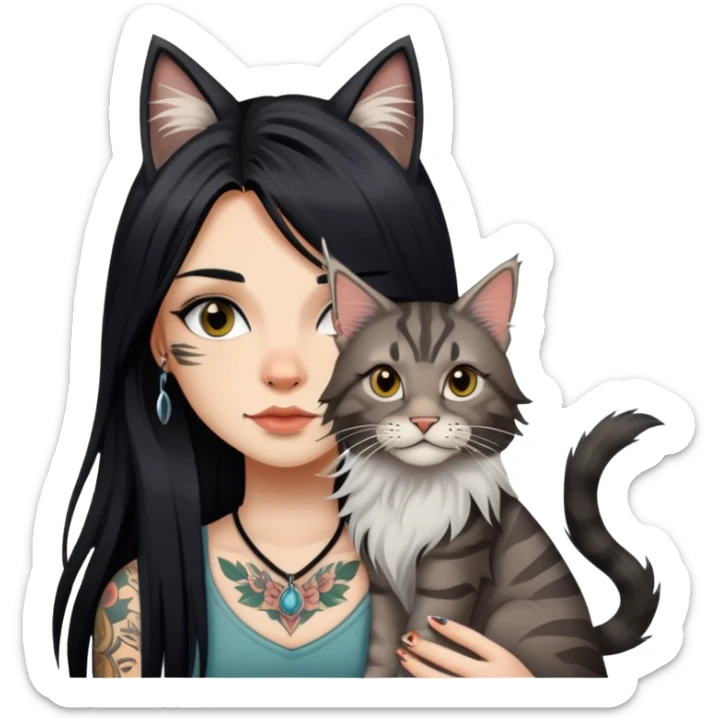 girl with long black  straight hair and tattoos and a tabby Maine coon sticker