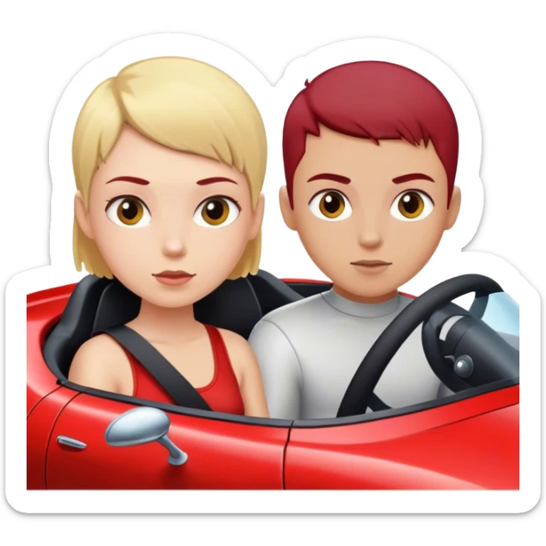 Blonde boy with a buzz cut and a girl with dark red hair in a sports car sticker