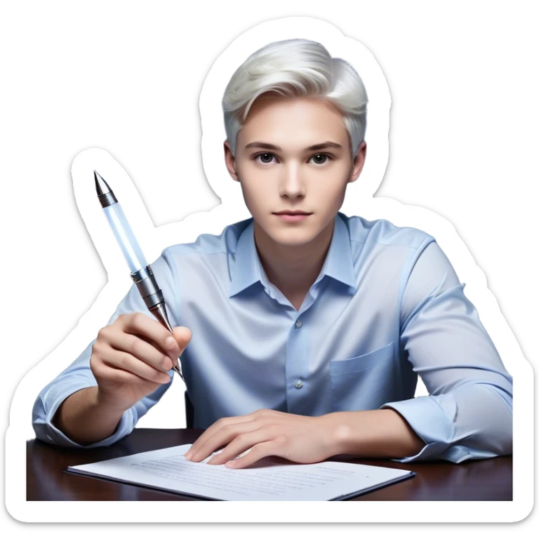 A man sitting on desk. A glowing hand emerges from within a piece of paper, symbolizing the future self. The hand extends forward, offering a pen, as if passing over the ability to take action. The pen is illuminated, representing the moment of decision—the choice to stop procrastinating and start. sticker