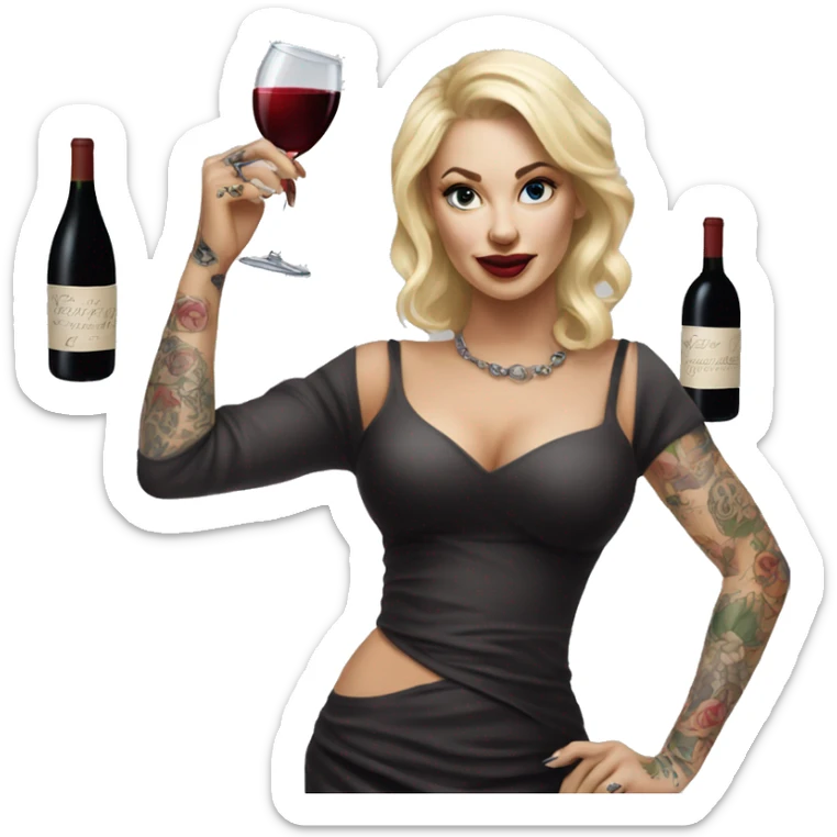 Blonde elegant women, her body covered with tattoos, wine in her one hand, Pointing Forward with her Other Hand , Hyper realistic sticker