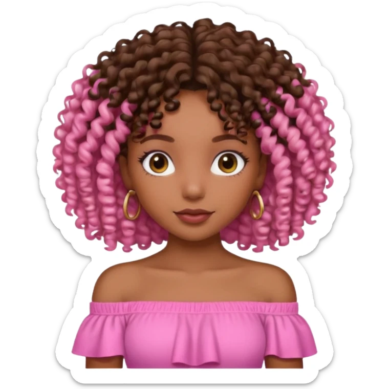 A brown skin girl with a curly 4C hair and she has a pink off shoulder top, sticker