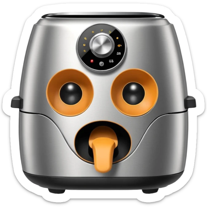 An air fryer with the knobs and handles made to look it's eyes, nose and mouth, hysterically crying with laughter sticker