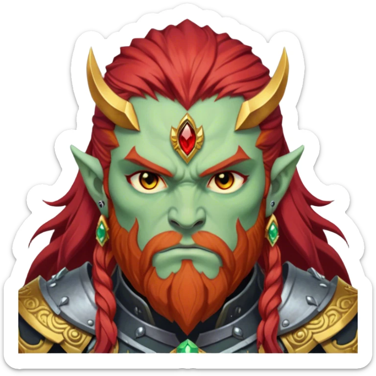 Ganondorf, pale green skin, golden irises, black pupils, long layered red hair, short thick red beard matching hair, no mustache, thick red eyebrows color matching to hair, scowling, angry, stoic, dark armor, demon armor, large ornate forehead jewelry, topaz jewel on forehead sticker