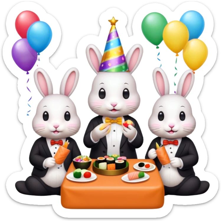 four bunnies together eating sushi at a birthday party, all four bunnies clearly visible, festive, colorful, party hats, birthday decorations, confetti, balloons, varied poses, emoji style sticker