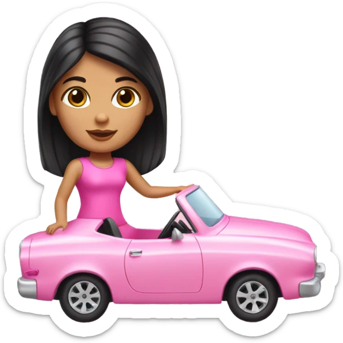 A light hispanic girl with black hair driving a pink barbie car sticker