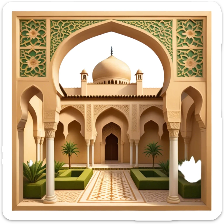 Alhambra – Cinematic Realistic Alhambra, depicted as a majestic Moorish palace with intricately carved arches, lush courtyards, and detailed tile work, bathed in soft golden light and dynamic shadows that highlight its opulent historical beauty. sticker