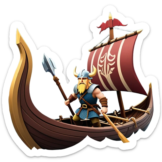 clash-of-clans-aesthetic_-cinematic-viking-longboat, rendered in a flat, bold vector style with minimal shading, featuring a striking dragon-headed prow slicing through icy, churning waters. shields on the side and vikings rowing The longboat’s intricately detailed shields and carved motifs evoke a sense of epic adventure and Nordic might, with billowing sails catching a dramatic, stormy sky backdrop. sticker