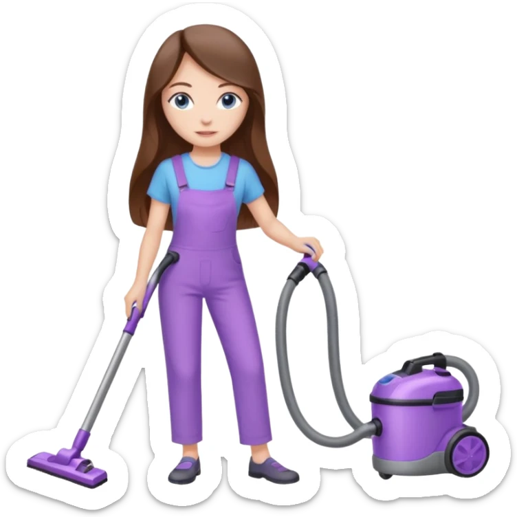 beautiful girl with long brown hair, blue eyes and wearing light purple clothes, cleaning and vacuuming sticker