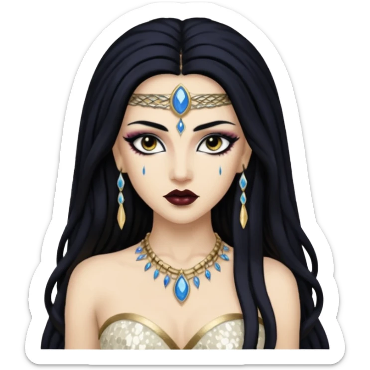 Akasha from Queen of the Damned with long black hair, ivory sequin outfit sticker