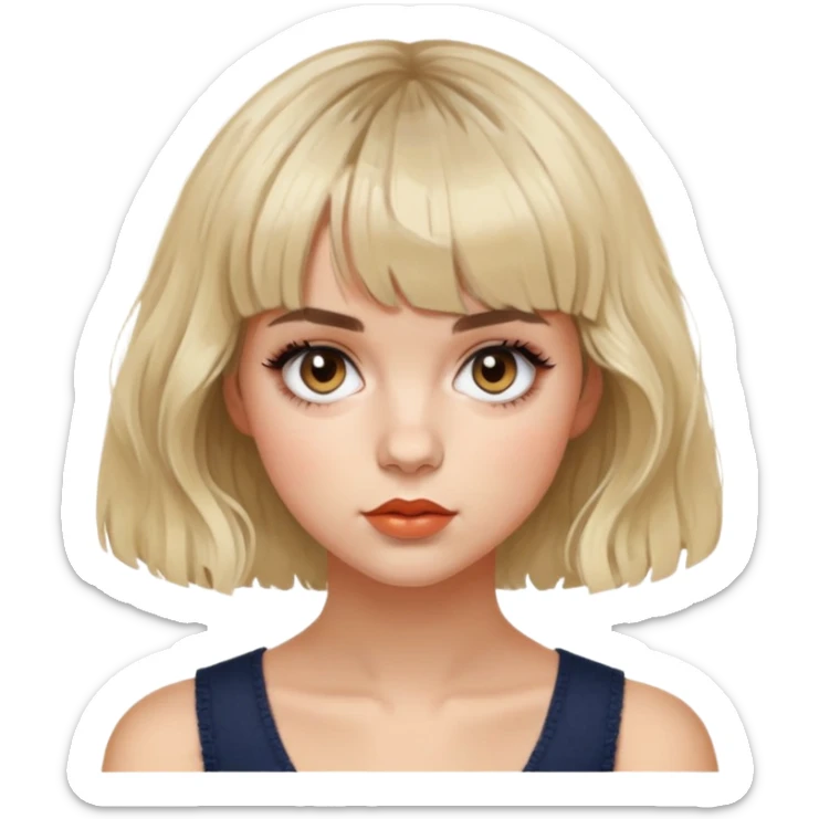 Taylor LaShae with editorial short french bob haircut tousled textured messy wavy hair short blunt baby bangs fringe sticker