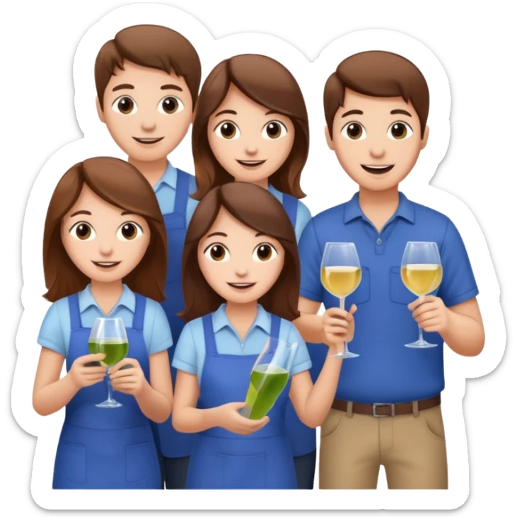 Make a photo of 5 project managers, specifically 3 girls with brown hair and 2 boys, that are making project for improvement of the winery sticker