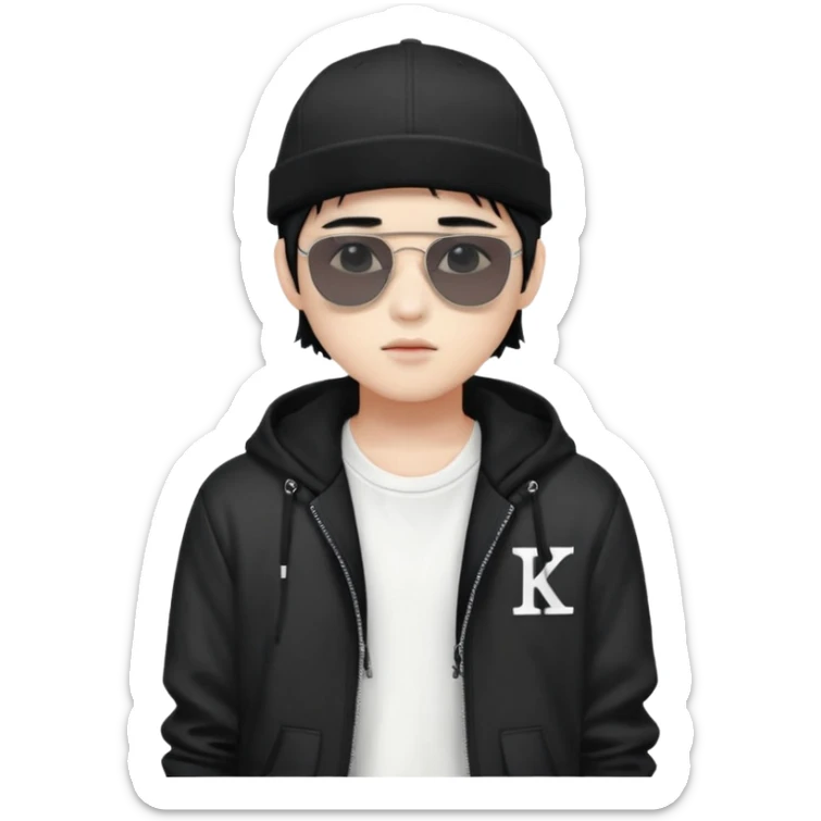 Portrait of a male K-pop idol, white skin, wearing a stylish streetwear outfit with layered clothing, makeup, wearing a black cap, sunglasses sticker