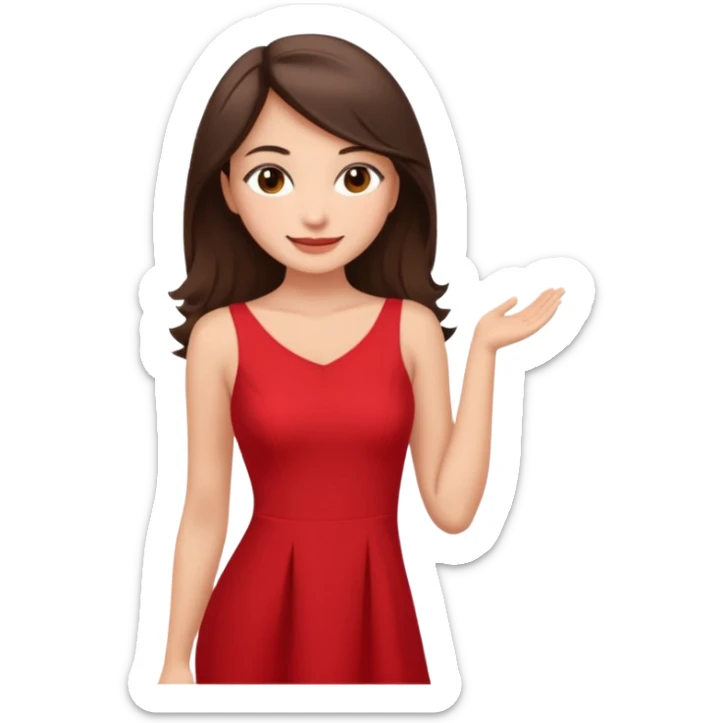 Cartoon emoji of a young brunette woman with fair-medium skin, brown eyes, wearing a red outfit. Full-height, standing confidently in a red dress  posing sexy with a smile and relaxed posture. Smooth, friendly, stylized, make up on, flirty eyes and smile in a sexy position touching hair sticker