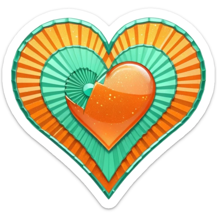 orange glittery heart, chopped  in pieces like shattered glass edges  with a couple mint green art deco fans in the center sticker