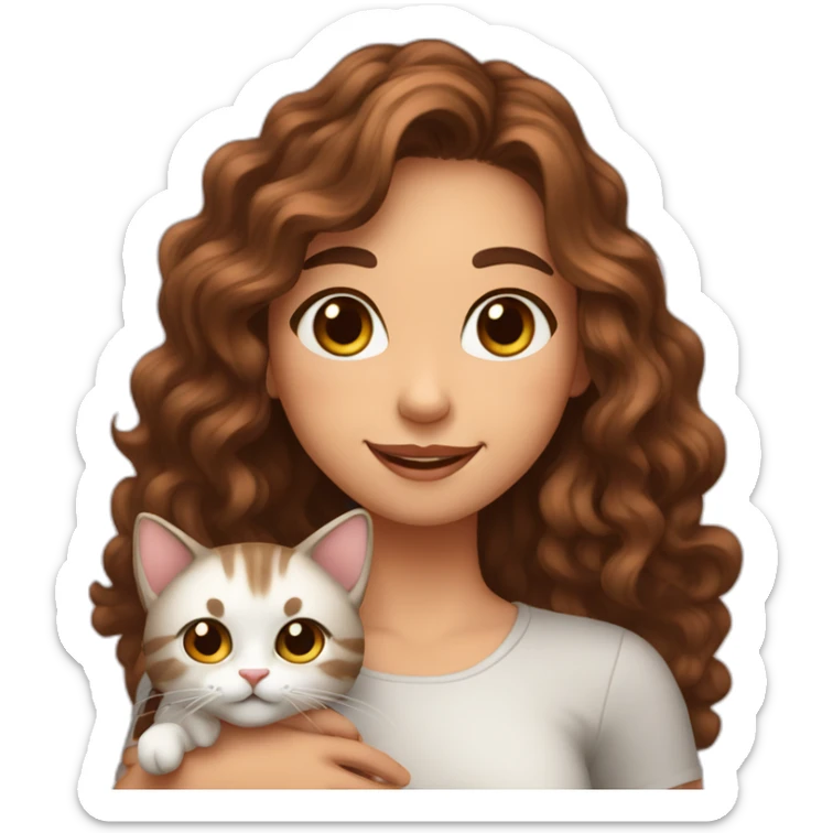 Girl long curly brown hair smiling et tenant brown eyes and holding a cat in her arms sticker