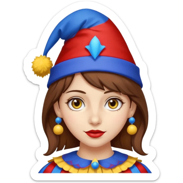 a girl with brown hair a blue and red jester hat with yellow pom pom's at the tip of the jester hat her eyes a patren of red and blue  sticker