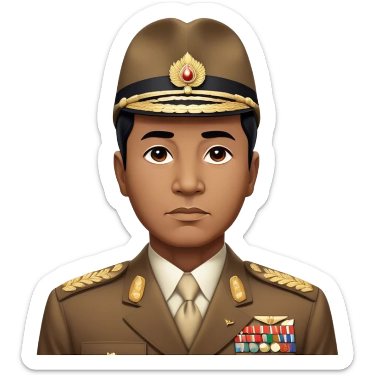 ​Cinematic Realistic Portrait of Sukarno, depicted in a lifelike, realistic style based on his iconic portrait, showcasing his thoughtful, charismatic expression in period attire, rendered with detailed textures and warm, evocative lighting that captures his pioneering spirit and national pride, sticker
