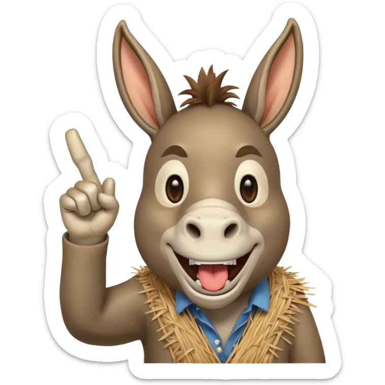A donkey with a piece of straw in their mouth laughing hysterically while pointing up the middle finger sticker
