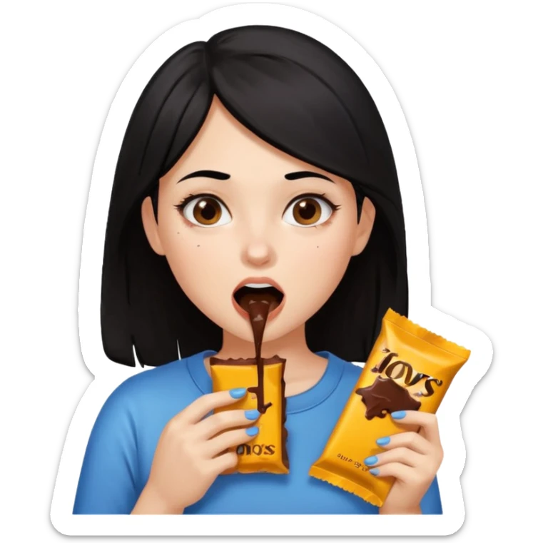 Weird Girl with black hair eating chocolate and chocolate is all over her face sticker