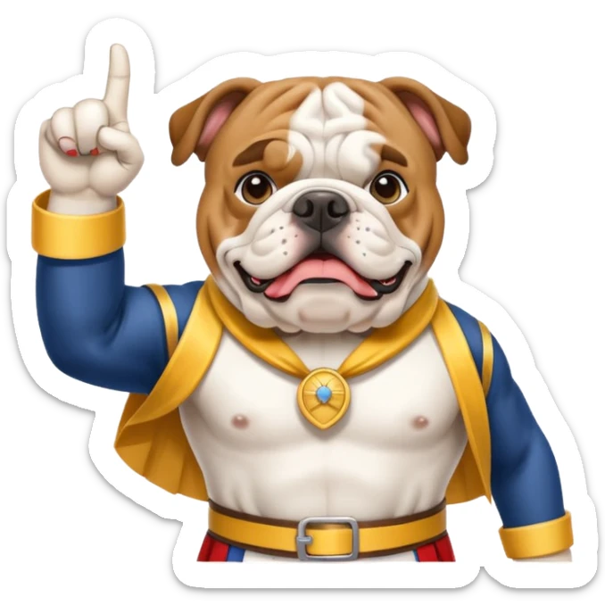 english bulldog pointing at a landmark, wearing a tour guide sash sticker