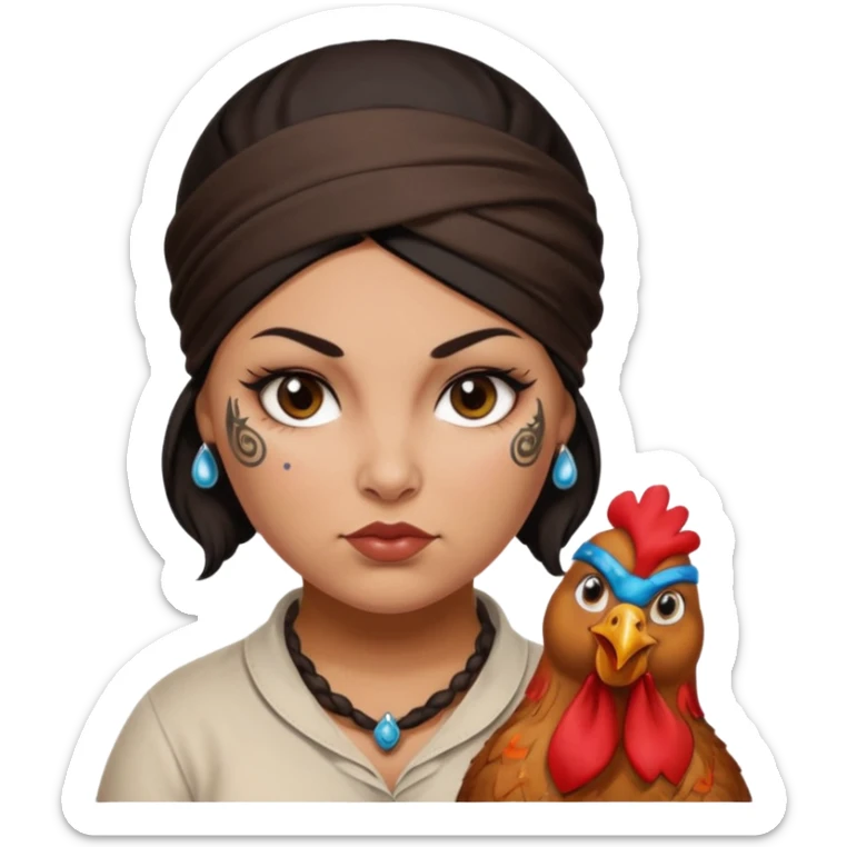 Dark haired heavyset woman, hairnet bandana tied around her forehead, brown teardrop tattoo under right eye, brown chicken drumstick tattoo on her left cheek sticker