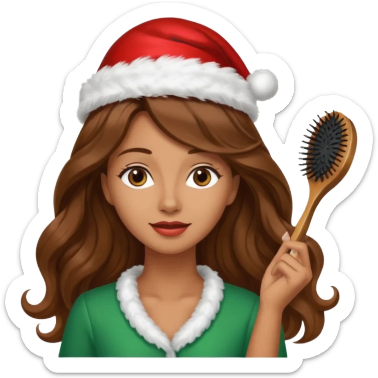 mujer peinandose en la peluqueria y con un gorro de navidad, cabello largo café y ondulado sticker