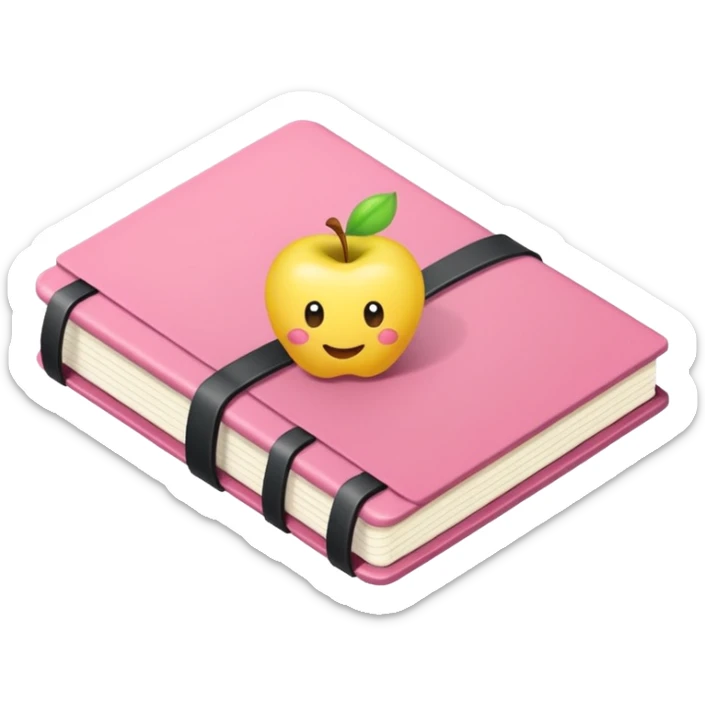 libreta de anillos rosada en perspectiva isometrica con sticker de carita feliz amarilla, sin rubor rosa, con aspecto de emoji de apple sticker