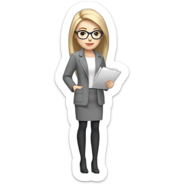 full height pale skin woman with cold blonde straight hair, care haircut, White blouse, Gray oversize jacket, Gray skirt and metal glasses holding a color palette in the hands sticker