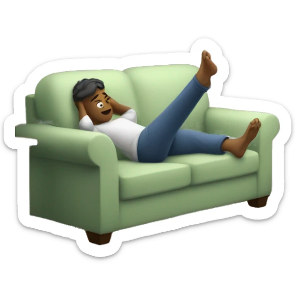 A person lying on a sofa, one leg crossed over the other, with hands behind the head, relaxing in a cozy setting sticker
