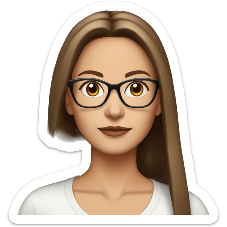 50 years old girl
long brown hair with straight styling
light skin
glasses with refined frame
Brown eyes with cat eye liner sticker
