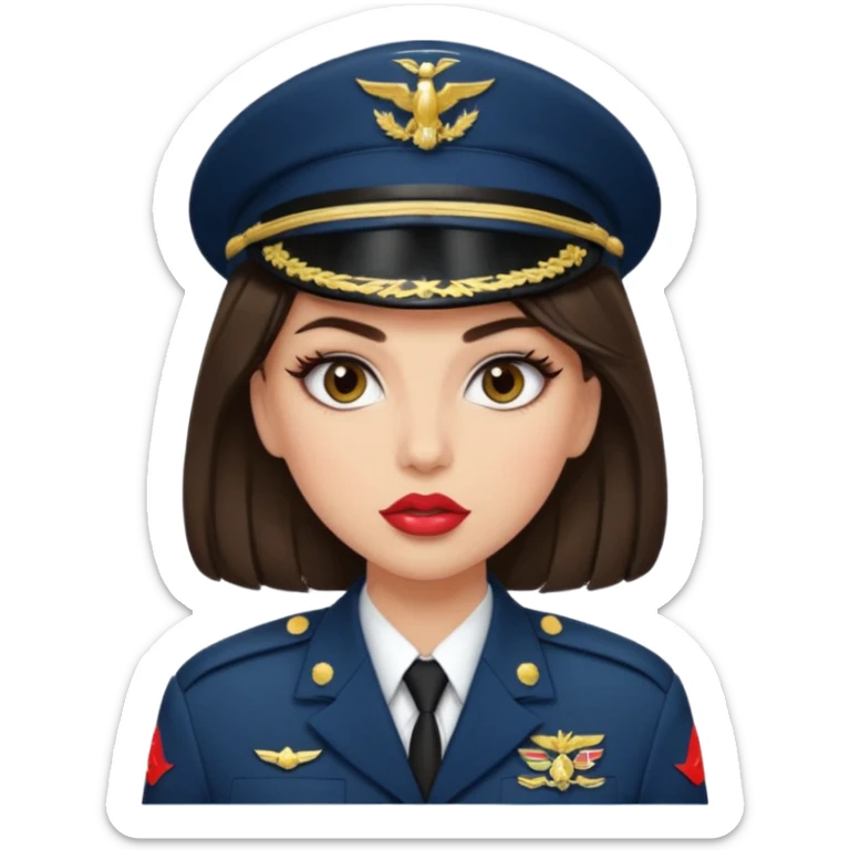 Emoji of a brunette girl in the military with big eyelashes, big lips with gloss, and a sassy face  sticker