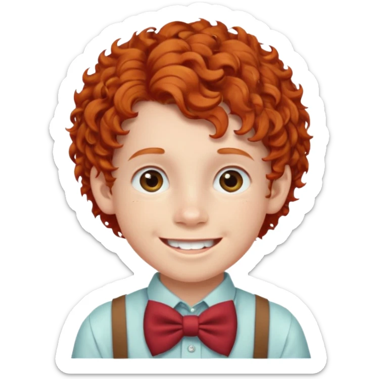 redhead kid with unique face features and very curly hair kid boy happy and braces on teeth, wearing a bow on head sticker