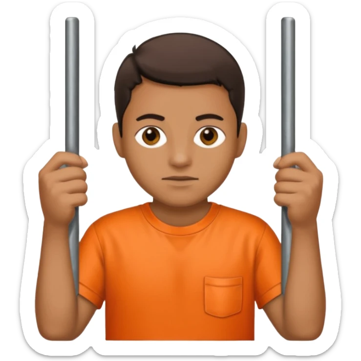 prisoner with orange shirt, metal bars in front of him and he holds the bars sticker