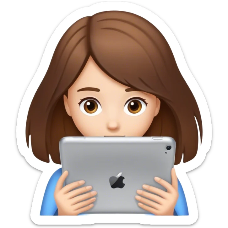 erstelle mir eine mädchen mit braun gebundenen Haaren und am i pad sitzen sticker