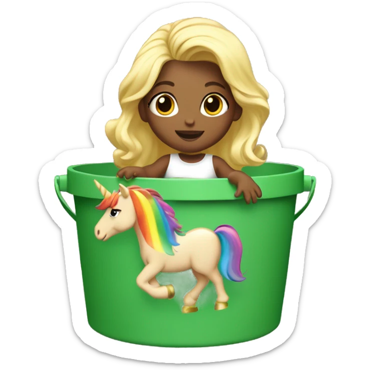 Blonde baby girl, inside of a green bucket riding a unicorn with rainbow hair ￼ sticker