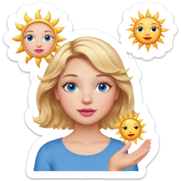 Girl Blonde short wavy hair,  blue eyes, cute blue top, long lashes, pink lips, holding the one sun   sticker