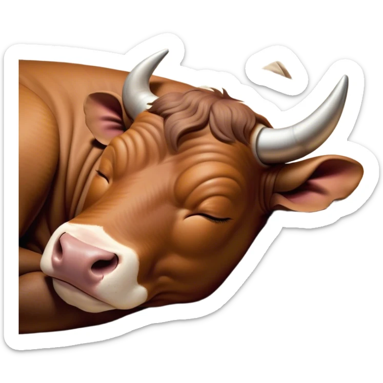 Meme-Worthy Cute Sleeping Brown Bull Portrait Emoji, Head resting peacefully with a contented smile, showcasing a robust, massive build and a luxuriously soft rich brown hide, eyes shut in a serene, restful nap, Simplified yet hilariously adorable features, highly detailed, glowing with a soft, drowsy light, high shine, relaxed and utterly lovable, stylized with an air of playful laziness, bright and heartwarming, soft glowing outline, capturing the essence of a comically sleepy guardian, so meme-worthy it feels like it could instantly become the next viral sensation of adorable slumber! sticker