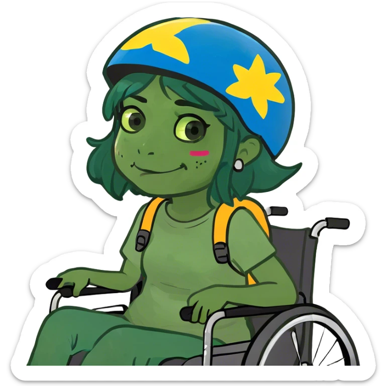 Mexican girl sith a wheelchair and a blue helmet drooling sticker