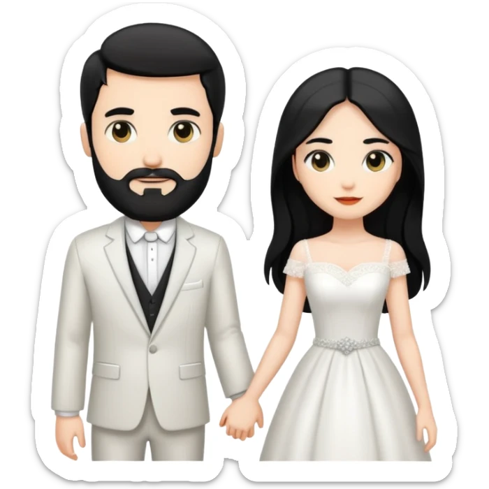 couple of newlyweds holding hands, white skin man with black hair and beard; white skin woman with long black hair and black eyes sticker