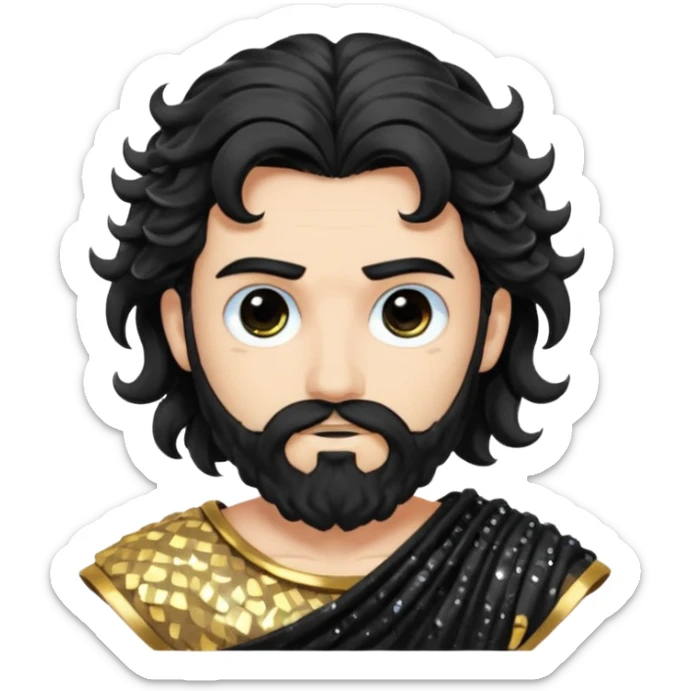 Hades from Greek Gods with long black wavy hair and short beard, black sequin toga sticker