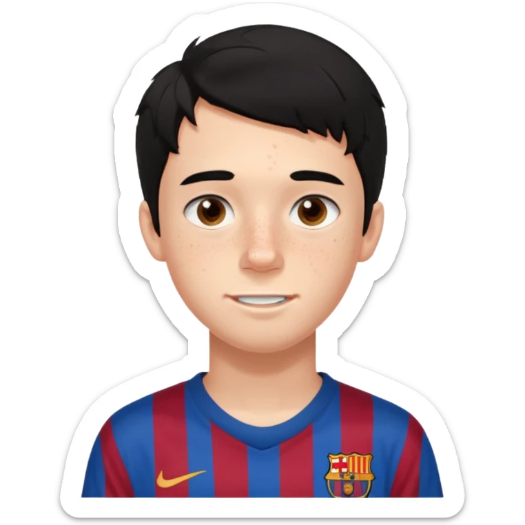 Un chico con pelo liso, demasiado pelo desordenado y negro, tiene pecas, brackets, ojos cafés oscuros y con una camisa del Barcelona sticker
