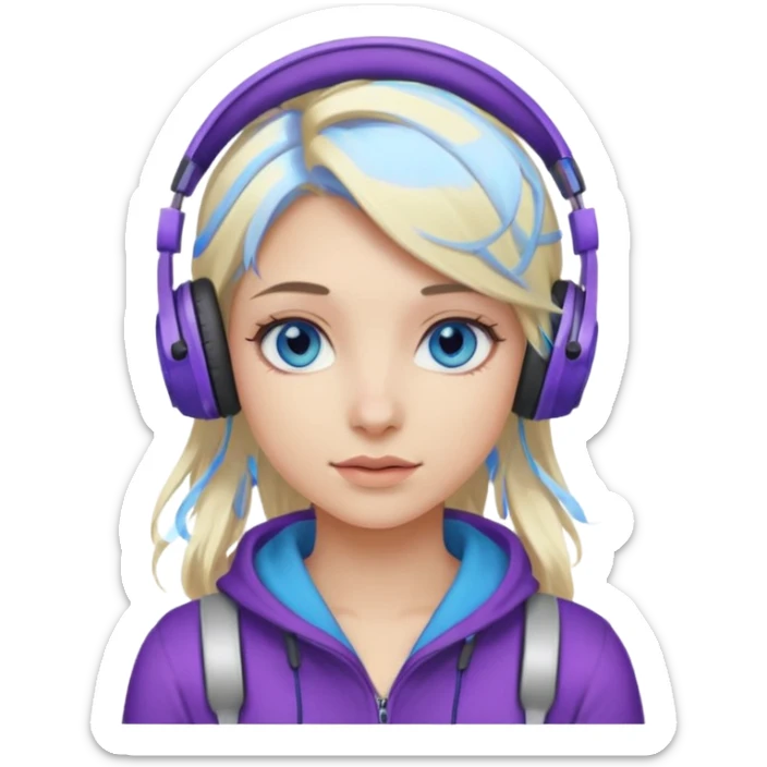 girl blond with purple highlights hair blue eyes and wearing headphones sticker